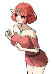 Rule 34 | 1girl, blush, bob cut, breasts, chest jewel, collarbone, dress, flying sweatdrops, highres, kanuici336, large breasts, off-shoulder dress, off shoulder, pyra (xenoblade), red dress, red eyes, red hair, short dress, short sleeves, solo, swept bangs, tiara, white background, xenoblade chronicles (series), xenoblade chronicles 3