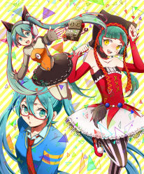 Rule 34 | 3girls, cat food (vocaloid), glasses, green eyes, green hair, hatsune miku, headphones, long hair, monochro blue sky (vocaloid), multiple girls, necktie, odds &amp; ends (vocaloid), open mouth, pantyhose, paw pose, project diva (series), project diva f, robot, skirt, striped background, striped clothes, striped legwear, striped pantyhose, thighhighs, twintails, vertical-striped clothes, vertical-striped legwear, vertical-striped pantyhose, very long hair, vocaloid, yamano, yellow eyes