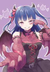 Rule 34 | 1girl, absurdres, alternate hairstyle, angel of eden (love live!), artist name, artist request, bare shoulders, belt, black belt, black dress, black skirt, black wings, blue hair, blush, bow, bowtie, breasts, collarbone, collared dress, cross-laced clothes, cross-laced dress, demon horns, dress, elbow gloves, fake demon horns, female focus, gloves, hair ribbon, highres, horns, long hair, looking at viewer, love live!, love live! school idol festival, love live! school idol festival all stars, love live! sunshine!!, medium breasts, miniskirt, parted lips, pink eyes, pink gloves, plaid, plaid dress, plaid skirt, pleated, pleated dress, pleated skirt, purple background, purple eyes, reaching, reaching towards viewer, red bow, red ribbon, red wings, ribbon, skirt, smile, solo, strapless, strapless dress, teeth, tsushima yoshiko, twintails, two side up, v, v-shaped eyebrows, v over eye, wings, wrist ribbon