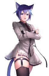 Rule 34 | 1boy, 25-ji kaito, absurdres, angry, animal ears, black thighhighs, blue eyes, blue hair, bridal garter, cat boy, cat ears, cat tail, crossdressing, crossed arms, dreamxiety, frilled skirt, frilled sleeves, frills, grey shirt, grey skirt, highres, kaito (vocaloid), looking at viewer, male focus, open mouth, project sekai, shiny clothes, shirt, short hair, sidelighting, skindentation, skirt, standing, tail, thighhighs, thighs, trap, variant set, vocaloid, white background
