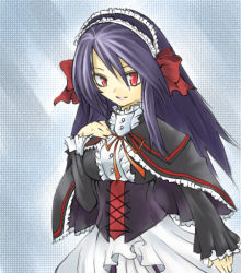 Rule 34 | 00s, 1girl, april, april (coyote ragtime show), blue hair, bow, breasts, capelet, corset, coyote ragtime show, dress, frills, headdress, long hair, maid headdress, red eyes, ribbon, simple background, skirt, smile, solo