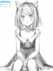 Rule 34 | 1girl, :o, ahoge, animal ears, blush, bra strap, breasts, cat ears, cat girl, cleavage, dress, greyscale, highres, himemori luna, himemori luna (sundress), hololive, looking at viewer, medium hair, monochrome, nanashi (nlo), parted lips, simple background, sitting, small breasts, solo, virtual youtuber, white background