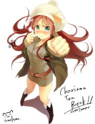 Rule 34 | 1girl, alternate costume, bad id, bad pixiv id, belt, blush, boots, braid, clenched hand, clenched hands, cold, contemporary, female focus, foreshortening, from above, full body, green eyes, hat, hong meiling, jewelry, long hair, looking at viewer, necklace, red hair, ribbed sweater, ribbon, signature, simple background, solo, star (symbol), sweater, taoru, touhou, twin braids, white background
