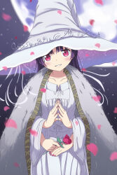 Rule 34 | 1girl, absurdres, alternate costume, black cat, cat, cosplay, dress, elden ring, extra arms, flower, gokou ruri, hat, highres, looking at viewer, mole, mole under eye, moon, ore no imouto ga konna ni kawaii wake ga nai, purple eyes, purple hair, ranni the witch, rose, scarletsky, smile, solo, white dress, white hat, witch hat