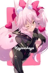 Rule 34 | 1girl, animal ear fluff, animal ears, black bodysuit, blush, bodysuit, bow, breasts, center opening, character name, choker, cleavage, echo (circa), fate/grand order, fate (series), fox ears, fox girl, fox tail, glasses, grin, hair between eyes, hair bow, heart, hip vent, koyanskaya (assassin) (first ascension) (fate), koyanskaya (fate), large breasts, long hair, looking at viewer, one eye closed, pink bow, pink hair, ponytail, sidelocks, smile, solo, tail, tamamo (fate), thighs, yellow eyes