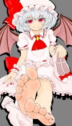 Rule 34 | 1girl, 3cc1a, barefoot, demon wings, feet, foot focus, grey hair, hat, highres, holding, holding shoes, looking at viewer, medium hair, red eyes, remilia scarlet, shoes, smile, soles, toes, touhou, unworn shoes, wings