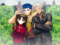 Rule 34 | 1girl, 2boys, archer (fate), arm over shoulder, arms behind back, black bow, black pants, black shirt, blue eyes, blue hair, blurry, blurry background, bow, brown eyes, brown hair, closed mouth, collared shirt, crossed arms, cu chulainn (fate), cu chulainn (fate/stay night), dark-skinned male, dark skin, day, dress shirt, earrings, fate/hollow ataraxia, fate/stay night, fate (series), frown, grey skirt, grin, hair between eyes, hair bow, jewelry, long hair, looking at viewer, multiple boys, official alternate costume, outdoors, pants, pleated skirt, red eyes, red sweater, shirt, shoori (migiha), short hair, silver hair, skirt, smile, standing, sweater, tohsaka rin, twintails, very long hair, w, wing collar