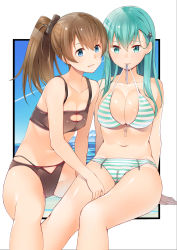 Rule 34 | 10s, 2girls, alternate eye color, aqua eyes, aqua hair, beach, between legs, bikini, border, breasts, brown bikini, brown eyes, brown hair, byte (allbyte), cleavage, cleavage cutout, clothing cutout, collarbone, crotch zipper, front-tie bikini top, front-tie top, green bikini, hair between eyes, hair ornament, hairclip, hand between legs, highres, kantai collection, kumano (kancolle), large breasts, long hair, looking at another, mouth hold, multiple girls, navel, outside border, parted lips, ponytail, sitting, small breasts, straight hair, strap pull, string in mouth, striped bikini, striped clothes, suzuya (kancolle), swimsuit, white border, zipper