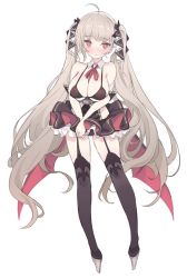Rule 34 | 1girl, absurdly long hair, ahoge, alternate costume, azur lane, bikini, bikini top only, black bikini, black thighhighs, blade (galaxist), blush, breasts, circle skirt, cleavage, collarbone, commentary request, cosplay, embarrassed, formidable (azur lane), frilled skirt, frills, full body, garter straps, high heels, holding, holding clothes, holding skirt, large breasts, long hair, platinum blonde hair, red eyes, red ribbon, ribbon, simple background, skirt, solo, standing, sweatdrop, swimsuit, thighhighs, two-tone ribbon, vampire (azur lane), vampire (azur lane) (cosplay), very long hair, wavy mouth, white background, zettai ryouiki