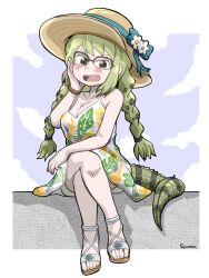 Rule 34 | 1girl, bare legs, bare shoulders, blush, bow, braid, breasts, cleavage, commission, crossed legs, dress, glasses, green-framed eyewear, green hair, hat, hat bow, highres, kemono friends, kemono friends 3, large breasts, leaf print, lizard tail, long hair, medium breasts, multicolored hair, official alternate costume, over-rim eyewear, reptile girl, sandals, semi-rimless eyewear, sitting, skeb commission, sleeveless, solo, spaghetti strap, spectacled caiman (kemono friends), sun hat, syumo, tail, twin braids, white dress, white footwear
