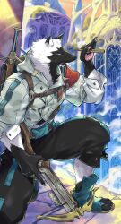 Rule 34 | 1boy, alf (izumi and the dragon book), animal ears, backpack, bag, baggy pants, belt, black fur, black pants, bow (weapon), building, crossbow, furry, highres, hood, hoodie, izumi and the dragon book, nagimiso, official art, pants, sandals, shirt, snout, sunset, sword, telescope, weapon, white fur, white shirt, yellow eyes