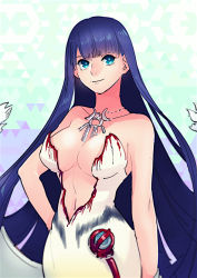 Rule 34 | 1girl, alternate costume, artemis (fate), artemis (fate) (cosplay), bare shoulders, blood, blood on clothes, blue eyes, breasts, cosplay, dress, fate/grand order, fate (series), jewelry, large breasts, long hair, martha (fate), necklace, nishiyama (whatsoy), purple hair, solo, swept bangs, very long hair, white dress