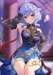 Rule 34 | 1girl, ahoge, arm up, bare shoulders, black dress, black gloves, blue dress, blue hair, breasts, closed mouth, commentary request, covered navel, detached sleeves, dress, ganyu (genshin impact), ganyu (twilight blossom) (genshin impact), genshin impact, gloves, goat horns, gradient dress, hair between eyes, hair ornament, hand on own chest, highres, horns, large breasts, long hair, looking at viewer, night, night sky, official alternate costume, official alternate hairstyle, outdoors, paid reward available, ponnyu12, purple eyes, sideless dress, sitting, sky, sleeveless, sleeveless dress, solo, thighlet, thighs, twitter username