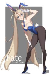 Rule 34 | 1girl, ahoge, akatsuki ikki, animal ears, blonde hair, blue eyes, bradamante (fate), breasts, cleavage, copyright name, curvy, detached collar, fake animal ears, fate/grand order, fate (series), gloves, high heels, large breasts, leotard, long hair, necktie, pantyhose, playboy bunny, rabbit ears, rabbit tail, solo, tail, twintails, very long hair, white gloves