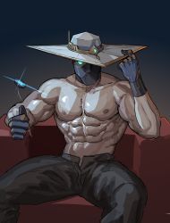Rule 34 | 1boy, abs, absurdres, bad id, bad pixiv id, bara, coin, cypher (valorant), gloves, hat, highres, large pectorals, male focus, mask, mature male, muscular, muscular male, navel, nipples, pectorals, sedo (usingincognito), sitting, solo, topless male, valorant, white hat