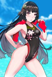 Rule 34 | 1girl, aiuti, black hair, black one-piece swimsuit, blue sky, blush, breasts, cloud, collarbone, competition swimsuit, covered navel, cowboy shot, day, girls&#039; frontline, highleg, highleg swimsuit, highres, long hair, looking at viewer, one-piece swimsuit, outdoors, red eyes, red towel, sky, small breasts, solo, standing, swimsuit, type 100 (girls&#039; frontline)