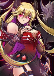 1girl bare_shoulders black_bridal_gauntlets black_horns black_wings blonde_hair breasts bridal_gauntlets cleavage cowboy_shot demon_girl demon_wings dress duel_monster ear_piercing earrings garter_straps heart heart_earrings highres horns jewelry krausarts lacrima_the_scarlet_sorrow large_breasts long_hair multicolored_hair piercing pointy_ears purple_hair red_dress red_eyes solo two-tone_hair two_side_up wings yu-gi-oh!