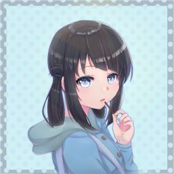 Rule 34 | 1girl, black hair, blue eyes, blue sweater, commentary, english commentary, folded hair, food, hair rings, highres, hood, hooded sweater, hoodie, long hair, looking at viewer, mantenz, nagi no asukara, pocky, polka dot, polka dot background, shiodome miuna, solo, sweater, twintails, upper body