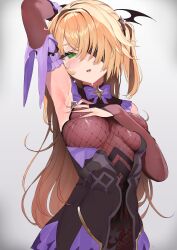 Rule 34 | 1girl, absurdres, armpits, blonde hair, blush, bodysuit, bow, breast press, breasts, bridal gauntlets, brown sleeves, deep skin, fischl (genshin impact), genshin impact, gloves, green eyes, hair over one eye, hand on own chest, highres, large breasts, long hair, looking at viewer, one eye covered, open mouth, pomesaurus, purple bow, solo, teeth, twintails, upper teeth only