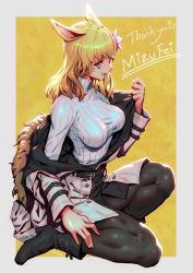 Rule 34 | 1girl, animal ears, black footwear, black legwear, blonde hair, boots, border, breasts, final fantasy, final fantasy xiv, flower, hair flower, hair ornament, hand up, highres, jacket, kionaoki, long hair, long sleeves, medium breasts, miqo&#039;te, off shoulder, parted lips, profile, signature, smile, solo, sweater, warrior of light (ff14), white border, white flower, white sweater, yellow background