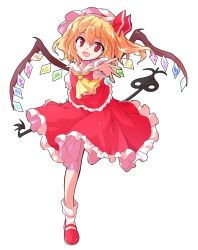 Rule 34 | 1girl, alphes (style), blonde hair, bobby socks, bow, crystal, dairi, fang, flandre scarlet, frilled shirt, frilled shirt collar, frilled skirt, frills, full body, hair between eyes, hat, hat ribbon, laevatein, looking at viewer, medium hair, mob cap, open mouth, outstretched arm, parody, pink hat, reaching, reaching towards viewer, red bow, red eyes, red footwear, red ribbon, red skirt, red vest, ribbon, shirt, skirt, smile, socks, solo, standing, standing on one leg, style parody, tachi-e, touhou, transparent background, vest, white hat, white shirt, wings