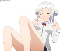 Rule 34 | 1girl, alter real zero, arashi chisato, artist name, artist request, bare legs, black skirt, blush, bow, bowtie, breasts, buttons, cardigan, closed eyes, collared shirt, double bun, female focus, grey cardigan, grey jacket, hair bun, highres, jacket, knees up, layered skirt, legs up, light brown jacket, long hair, looking at viewer, love live!, love live! school idol festival, love live! superstar!!, medium breasts, miniskirt, parted lips, plaid, plaid skirt, pleated, pleated skirt, red bow, school uniform, shirt, sitting, skirt, smile, solo, teeth, twintails, white hair, white shirt, yuigaoka music program school uniform