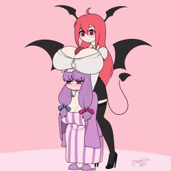 Rule 34 | 2girls, animated, animated gif, blinking, blush, breast rest, breasts, breasts on head, cleavage, demon girl, demon tail, demon wings, female focus, head wings, huge breasts, koakuma, large breasts, long hair, multiple girls, patchouli knowledge, purple eyes, purple hair, red eyes, red hair, shortstack, size difference, tail, touhou, wings, zedrin