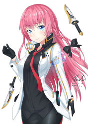 Rule 34 | 1girl, 2017, aqua eyes, arm up, bad id, bad pixiv id, black bow, black gloves, blush, bow, braid, closers, dated, eyebrows, gloves, hair bow, highres, knife, long hair, looking at viewer, necktie, pink hair, red necktie, seulbi lee, simple background, smile, solo, unel1211, white background