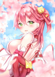 Rule 34 | 1girl, ahoge, backless outfit, bare shoulders, bell, blush, breasts, cherry blossom print, cherry blossoms, detached sleeves, floral print, green eyes, hair bell, hair between eyes, hair ornament, hairclip, highres, hololive, open mouth, petals, pink hair, sakura miko, sakura miko (1st costume), sideboob, solo, virtual youtuber, x hair ornament, yuano