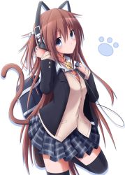 Rule 34 | 1girl, animal ears, artist request, bag, bell, black thighhighs, blazer, blue eyes, blush, brown hair, cat ears, cat tail, collar, hair between eyes, hair bobbles, hair ornament, headphones, jacket, long hair, looking at viewer, neck bell, necktie, open clothes, open jacket, paw print, plaid, plaid skirt, pleated skirt, school uniform, shoes, silhouette, skirt, solo, standing, standing on one leg, tail, thighhighs, transparent background, very long hair, white background, zettai ryouiki