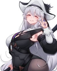 Rule 34 | 1girl, absurdres, arknights, armpits, black dress, black hat, black pantyhose, blue nails, breasts, dress, grey hair, hair between eyes, hat, highres, large breasts, long hair, looking at viewer, nail polish, official alternate costume, pantyhose, red eyes, rikuguma, shoulder strap, simple background, smile, solo, specter (arknights), specter the unchained (arknights), two-tone dress, v over eye, white background