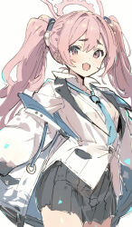 Rule 34 | 1girl, aqua necktie, black skirt, blue archive, blush, breasts, collared shirt, fang, gorirago, halo, highres, jacket, koyuki (blue archive), long hair, long sleeves, looking at viewer, necktie, open clothes, open mouth, pink eyes, pink hair, pleated skirt, shirt, simple background, skin fang, skirt, small breasts, solo, twintails, very long hair, white background, white jacket, white shirt