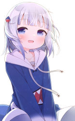 Rule 34 | 1girl, :d, ayanepuna, blue eyes, blue hair, blue hoodie, collarbone, commentary request, drawstring, gawr gura, gawr gura (1st costume), hair ornament, highres, hololive, hololive english, hood, hood down, hoodie, long hair, long sleeves, looking at viewer, multicolored hair, open mouth, sharp teeth, silver hair, simple background, smile, solo, streaked hair, teeth, two side up, virtual youtuber, white background