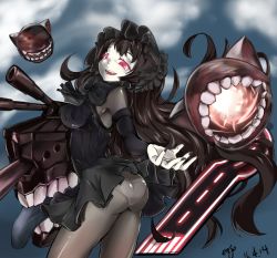 Rule 34 | 10s, 1girl, abyssal ship, alternate breast size, ass, black hair, black nails, bodystocking, breasts, colored skin, dated, dress, enemy aircraft (kancolle), enjo (by555340), from behind, gothic lolita, headwear request, isolated island oni, kantai collection, lolita fashion, long hair, nail polish, open mouth, panties, panties under pantyhose, pantyhose, red eyes, short dress, signature, smile, solo, underwear, white skin