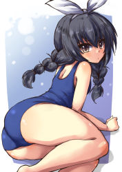 Rule 34 | 10s, 1girl, alternate hairstyle, arm support, ass, black hair, blue one-piece swimsuit, braid, brown eyes, from behind, girls und panzer, hair ribbon, long hair, looking at viewer, looking back, lying, on side, one-piece swimsuit, outside border, parted lips, reizei mako, ribbon, school swimsuit, shadow, shinshin, sketch, solo, swimsuit, twin braids, white ribbon