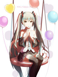 Rule 34 | 1girl, absurdres, balloon, birthday, character name, dandelion, detached sleeves, eyebrows, flower, green eyes, green hair, hair between eyes, happy birthday, hatsune miku, highres, long hair, matching hair/eyes, necktie, sitting, skirt, solo, thighhighs, twintails, very long hair, vocaloid, white background, x-red flower