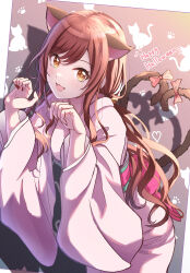 Rule 34 | 1girl, :3, absurdres, animal ears, blush, cat ears, cat tail, citrusmikan, commentary request, extra ears, halloween costume, highres, idolmaster, idolmaster shiny colors, japanese clothes, kimono, leaning forward, long hair, long sleeves, looking at viewer, low twintails, multiple tails, nail polish, nekomata, obi, official alternate costume, official alternate hairstyle, open mouth, osaki amana, paw pose, pink kimono, red hair, red nails, ribbon, sash, smile, solo, swept bangs, tail, tail ornament, tail ribbon, twintails, two tails, wide sleeves, yellow eyes