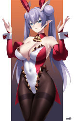 Rule 34 | 1girl, absurdres, animal ears, blue eyes, blush, breasts, bridal gauntlets, britomart (fate), cleavage, coattails, covered navel, detached collar, detached sleeves, double bun, fake animal ears, fate/grand order, fate (series), grey hair, hair bun, hair ornament, hands up, highleg, highleg leotard, highres, kurozawa yui, large breasts, leotard, long hair, looking at viewer, nail polish, playboy bunny, pointy ears, rabbit ears, red leotard, thighs, twintails, two-tone leotard, very long hair, white leotard, wrist cuffs