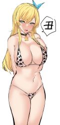 Rule 34 | 1girl, absurdres, agetama, animal print, aqua eyes, arm behind back, bikini, black choker, blonde hair, blush, boku wa tomodachi ga sukunai, breasts, bug, butterfly, butterfly hair ornament, choker, cleavage, collarbone, cow print, cowboy shot, groin, hair ornament, hand up, highres, insect, kashiwazaki sena, large breasts, long hair, looking at viewer, navel, open mouth, school uniform, sketch, solo, swimsuit, translation request, white background