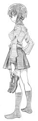 Rule 34 | 10s, 1girl, bbb (friskuser), breasts, from side, girls und panzer, greyscale, hand on own hip, holding, holding shoes, kuromorimine school uniform, large breasts, long sleeves, looking at viewer, looking back, monochrome, nishizumi maho, pleated skirt, school uniform, shoes, unworn shoes, skirt, socks, solo, standing, white background