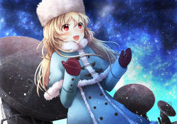 Rule 34 | 1girl, bad id, bad pixiv id, blonde hair, blue capelet, blue coat, blue moment, blue sky, capelet, coat, dutch angle, floating hair, gloves, hair between eyes, hat, long hair, mittens, original, outdoors, radio telescope, red eyes, red gloves, sky, solo, standing, star (sky), starry sky, white hat, winter clothes, winter coat
