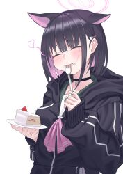 Rule 34 | 1girl, absurdres, animal ears, apple t (ringotyasan), ascot, black choker, black hair, black hoodie, blue archive, blush, breasts, cake, cat ears, choker, closed eyes, closed mouth, commentary request, cream, eating, extra ears, food, food-themed hair ornament, food on face, fork, fruit, green shirt, hair between eyes, hair ornament, halo, heart, highres, holding, holding fork, holding plate, hood, hoodie, ice cream hair ornament, kazusa (blue archive), long sleeves, medium breasts, multicolored hair, pink ascot, pink hair, plate, pocket, puffy long sleeves, puffy sleeves, revision, sailor collar, shirt, short hair, simple background, smile, solo, standing, strawberry, two-tone hair, white background
