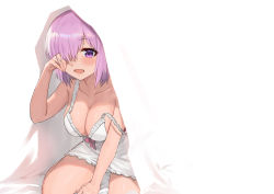 Rule 34 | 1girl, alternate costume, ayul (ayulneri 92), blush, breasts, cleavage, collarbone, fate/grand order, fate (series), hair over one eye, hand up, highres, large breasts, light purple hair, looking at viewer, mash kyrielight, nightgown, open mouth, purple eyes, short hair, sitting, smile, solo, strap slip, thighs