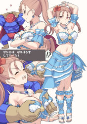 Rule 34 | 1boy, 1girl, armpits, arms up, bandeau, bare shoulders, blue leggings, blue skirt, blush, breasts, brown eyes, cleavage, closed eyes, crossed arms, dragon quest, dragon quest viii, earrings, flower, full body, grabbing, grabbing another&#039;s breast, hair flower, hair ornament, highres, jessica albert, jewelry, large breasts, leggings, light brown hair, long hair, looking at viewer, multiple views, navel, necklace, open mouth, parted bangs, sandals, shiseki hirame, skirt, smile, translation request, twintails