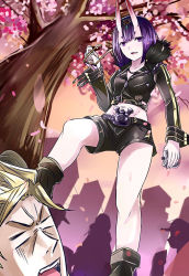 Rule 34 | 1boy, 1girl, black shorts, blonde hair, cherry blossoms, collarbone, cosplay, crop top, unworn eyewear, fate/grand order, fate (series), from below, holding, holding removed eyewear, horns, jeffrey10, midriff, navel, open mouth, outdoors, purple eyes, purple hair, sakata kintoki (fate), sakata kintoki (rider) (fate), sakata kintoki (rider) (fate) (cosplay), short hair, short shorts, shorts, standing, stepped on, stomach, sunglasses, tree
