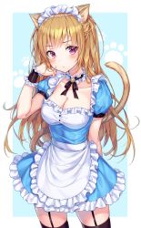 Rule 34 | 1girl, absurdres, alice (alice in wonderland), alice (alice in wonderland) (cosplay), animal ears, apron, arm behind back, bad id, bad twitter id, bell, black choker, black ribbon, black thighhighs, blonde hair, blue shirt, blue skirt, blush, breasts, cat ears, cat girl, cat tail, choker, cleavage, closed mouth, collarbone, cosplay, cowboy shot, frilled choker, frilled cuffs, frilled shirt, frilled skirt, frills, frown, garter straps, hand up, head tilt, highres, jingle bell, legs apart, long hair, looking at viewer, maid, maid apron, maid headdress, medium breasts, miniskirt, neck ribbon, original, puffy short sleeves, puffy sleeves, purple eyes, r o ha, ribbon, shirt, short sleeves, sidelocks, skirt, solo, standing, tail, thighhighs, two side up, white apron, wrist cuffs, zettai ryouiki