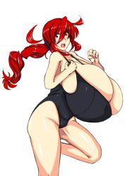 Rule 34 | 1girl, aeon708, ahoge, breasts, female focus, futaba channel, gigantic breasts, highleg, highleg swimsuit, kyoui (nijiura maids), long hair, nijiura maids, one-piece swimsuit, open mouth, ponytail, red eyes, red hair, simple background, solo, swimsuit, tears, white background