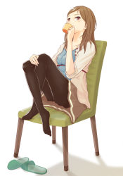 Rule 34 | 1girl, black thighhighs, blue shirt, brown eyes, brown hair, chair, crossed legs, cup, drinking, highres, jacket, long hair, looking at viewer, no shoes, open clothes, open jacket, original, pleated skirt, sandals, shadow, shirt, simple background, sitting, skirt, slippers, solo, solvalou, swept bangs, thighhighs, white background, white jacket