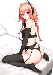 Rule 34 | 1girl, absurdres, ass, back, bare shoulders, black bra, black gloves, black panties, blush, bra, breasts, closed mouth, crossed bangs, elbow gloves, eyelashes, feet, finger to mouth, garter belt, girls&#039; frontline, gloves, greem bang, hair between eyes, hair ornament, hand up, heart, highleg, highleg panties, highres, index finger raised, lace, lace-trimmed bra, lace-trimmed garter belt, lace-trimmed gloves, lace-trimmed legwear, lace trim, legs, lingerie, long hair, looking at viewer, looking back, m4 sopmod ii (girls&#039; frontline), medium breasts, on bed, orange hair, panties, pink hair, red eyes, revision, sitting, skindentation, smile, solo, string panties, thighs, third-party edit, thong, toes, underwear, wariza, white background