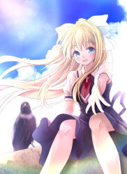 Rule 34 | 1girl, absurdres, air (visual novel), arm at side, bird, black dress, blonde hair, blue eyes, blue sky, blush, bow, cloud, commentary request, cross print, crow, day, dress, eyelashes, feet out of frame, floating clothes, floating hair, hair between eyes, hair bow, hair intakes, hato maron, highres, kamio misuzu, lens flare, long hair, looking at viewer, necktie, open mouth, outdoors, pinafore dress, puffy short sleeves, puffy sleeves, rainbow, reaching, reaching towards viewer, red necktie, shirt, short necktie, short sleeves, sidelocks, sitting, sky, sleeveless, sleeveless dress, smile, solo, straight hair, summer, summer uniform, very long hair, white bow, white shirt, wind, wind lift